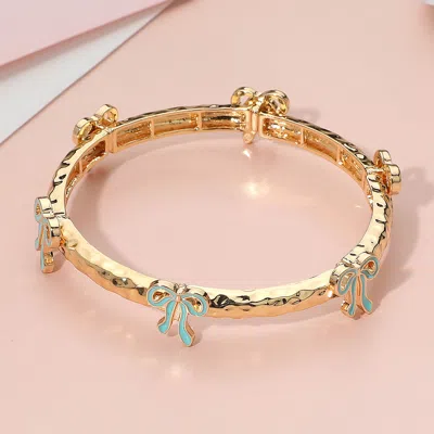 Fashnzfab Enamel Bow Accent Hammered Metal Bar Beaded Stretch Bracelet Gold, Mint In Multi