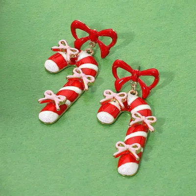 Fashnzfab Enamel Bow Candy Cane Dangle Earrings - Gold, Red