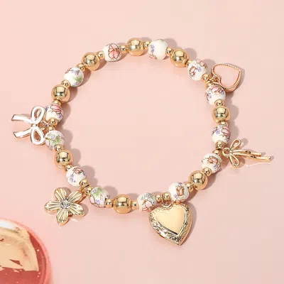 Fashnzfab Enamel Bow Metal Heart Flower Charm Ceramic Ball Beaded Stretch Bracelet In Gold