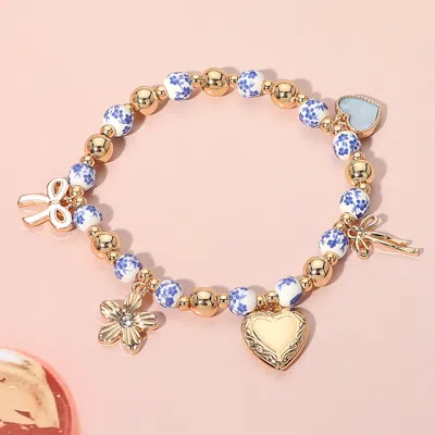Fashnzfab Enamel Bow Metal Heart Flower Charm Ceramic Ball Beaded Stretch Bracelet In Gold
