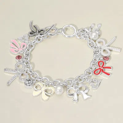 Fashnzfab Enamel Bow Pearl Stone Paved Heart Stone Bezel Charm Embellished Toggle Bracelet Multi, Silver