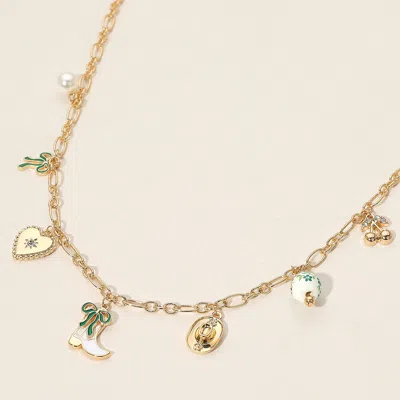 Fashnzfab Enamel Bow Western Cowboy Boot Hat Heart Ceramic Ball Pearl Cherry Charm Station Necklace In Multi