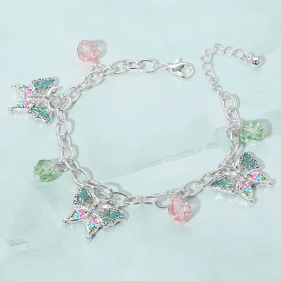 Fashnzfab Enamel Butterfly Faceted Beads Charm Station Bracelet Antique Silver, Multi
