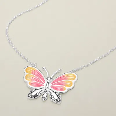 Fashnzfab Enamel Butterfly Pendant Accent Necklace In Silver
