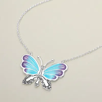 Fashnzfab Enamel Butterfly Pendant Accent Necklace In Neutral