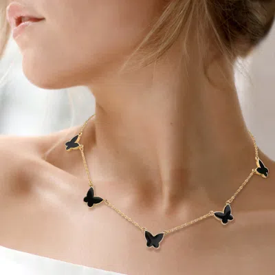 Fashnzfab Enamel Butterfly Station Necklace In Black