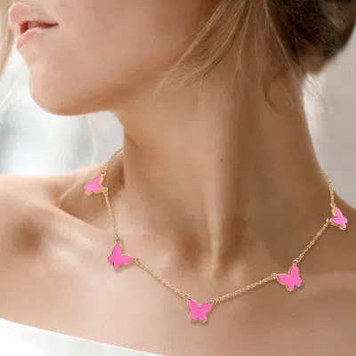 Fashnzfab Enamel Butterfly Station Necklace In Red