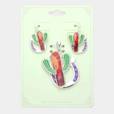 Fashnzfab Enamel Cactus Pendant Set - Multi, Silver