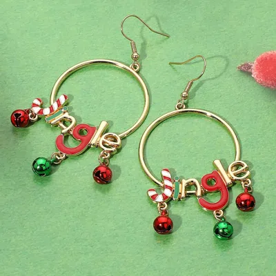 Fashnzfab Enamel Candy Cane Jingle Message Christmas Bell Embellished Hoop Dangle Earrings In Red