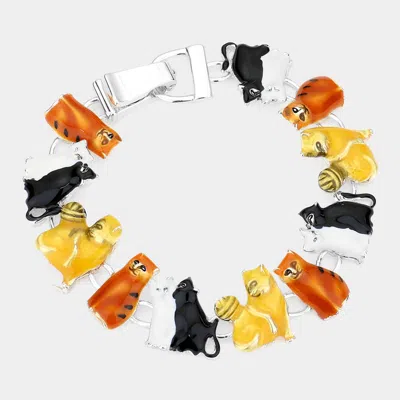 Fashnzfab Enamel Cat Link Magnetic Bracelet Multi, Silver