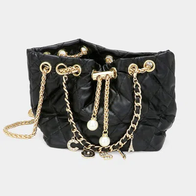 Fashnzfab Enamel Charm Chain Pointed Faux Leather Pearl Pointed Chain Mini Bucket Bag In Multi