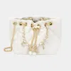 Fashnzfab Enamel Charm Chain Pointed Faux Leather Pearl Pointed Chain Mini Bucket Bag In White