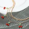 Fashnzfab Enamel Cherry Charm Station Layered Necklace In Brown