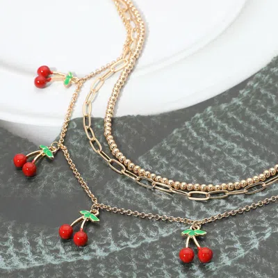 Fashnzfab Enamel Cherry Charm Station Layered Necklace In Brown