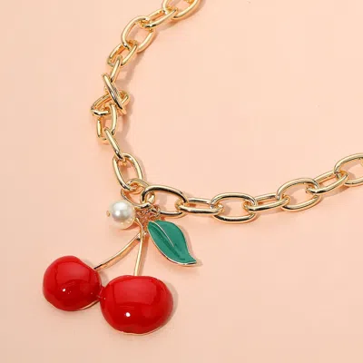 Fashnzfab Enamel Cherry Pearl Charm Chunky Choker Necklace In Red