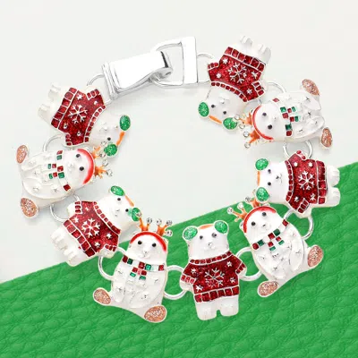 Fashnzfab Enamel Christmas Bear Link Magnetic Bracelet Multi, Silver