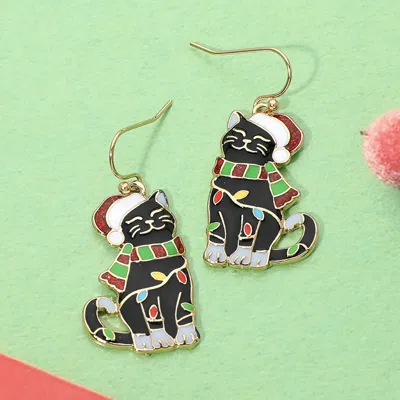 Fashnzfab Enamel Christmas Black Cat Charm Drop Dangle Earrings In Multi