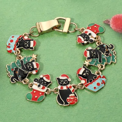 Fashnzfab Enamel Christmas Black Cat Link Magnetic Bracelet In Multi