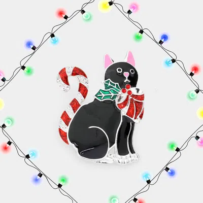 Fashnzfab Enamel Christmas Cat Pin Brooch In Black
