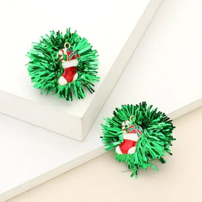 Fashnzfab Enamel Christmas Sock Candy Cane Tinsel Earrings In Green