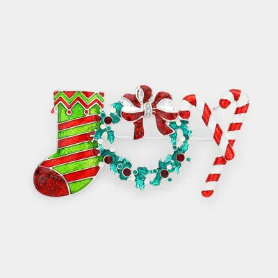 Fashnzfab Enamel Christmas Socks Wreath Cane Pin Brooch In Multi