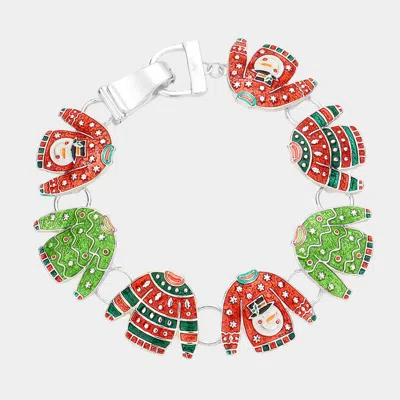 Fashnzfab Enamel Christmas Sweater Link Magnetic Bracelet Multi, Silver