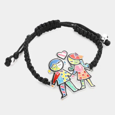 Fashnzfab Enamel Couple Charm Adjustable Cinch Pull Tie Bracelet In Black