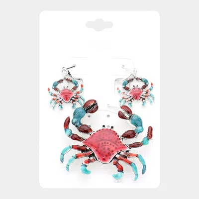 Fashnzfab Enamel Crab Pendant Pin Brooch Set In Red