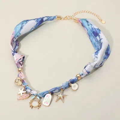 Fashnzfab Enamel Crab Starfish Shell Heart Floral Charm Fabric Scarf Necklace - Gold, Multi