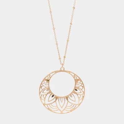 Fashnzfab Enamel Detailed Cutout Metal Round Pendant Long Necklace In Gold