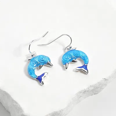 Fashnzfab Enamel Dolphin Dangle Earrings - Blue, Silver In Multi