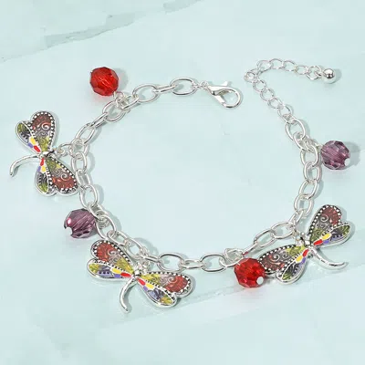 Fashnzfab Enamel Dragonfly Faceted Beads Charm Station Bracelet Antique Silver, Multi