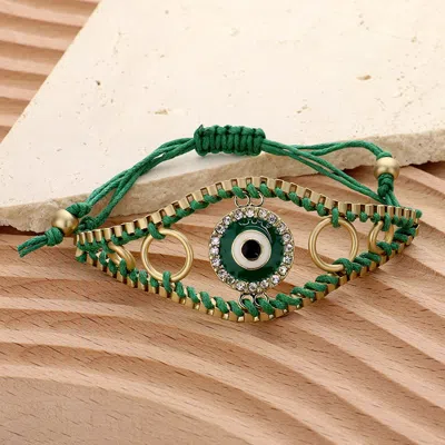 Fashnzfab Enamel Evil Eye Adjustable Pull Tie Cinch Bracelet Green, Matte Gold In Multi