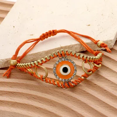 Fashnzfab Enamel Evil Eye Adjustable Pull Tie Cinch Bracelet Matte Gold, Orange In Multi