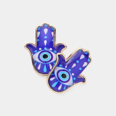 Fashnzfab Enamel Evil Eye Hamsa Hand Earrings - Blue