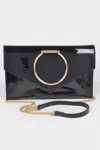 Fashnzfab Enamel Faux Leather Metal Handle Flap Clutch In Black