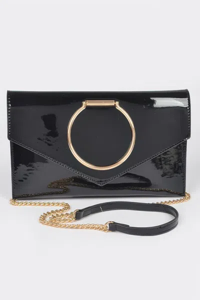 Fashnzfab Enamel Faux Leather Metal Handle Flap Clutch In Black