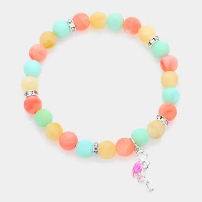 Fashnzfab Enamel Flamingo Charm Beaded Stretch Bracelet Antique Silver, Multi