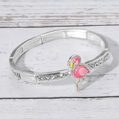 Fashnzfab Enamel Flamingo Pointed Message Engraved Stretch Bracelet Antique Silver, Pink In Multi