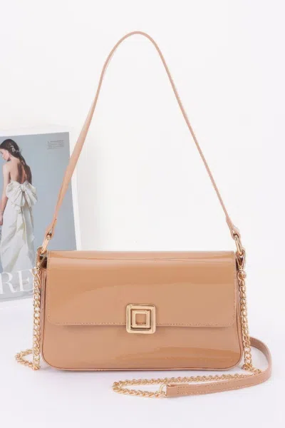 Fashnzfab Enamel Flap Shoulder Bag In Sand