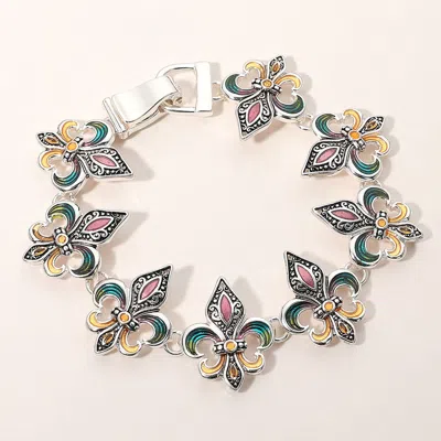 Fashnzfab Enamel Fleur De Lis Link Magnetic Bracelet Antique Silver, Multi