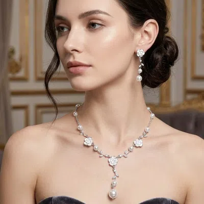 Fashnzfab Enamel Floral Charm Pearl Link Necklace In Silver