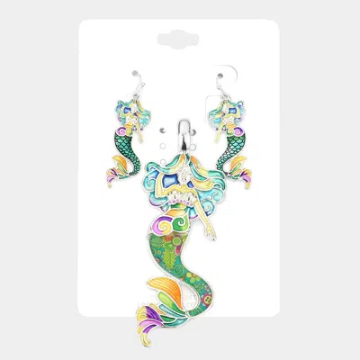 Fashnzfab Enamel Floral Pattern Mermaid Pendant Set - Turquoise In Blue