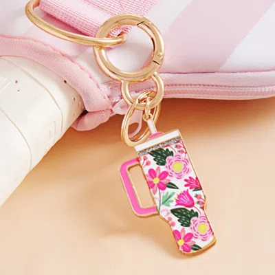 Fashnzfab Enamel Floral Pattern Tumbler Back Engraved Keychain / Bag Charm In Pink