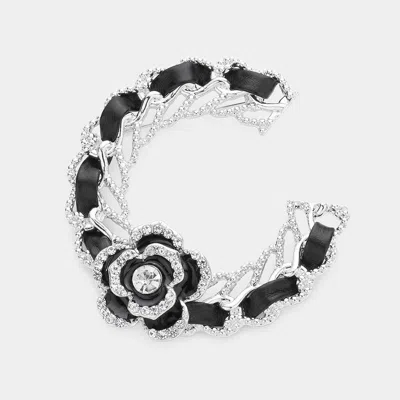 Fashnzfab Enamel Flower Accented Pin Brooch In Black