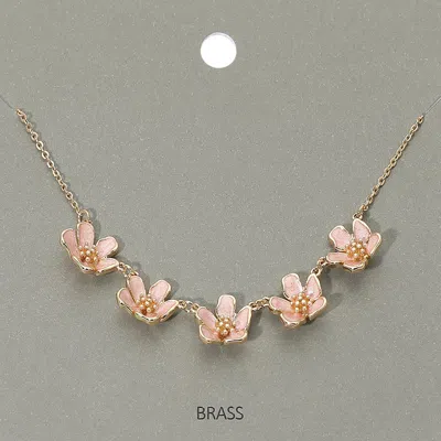 Fashnzfab Enamel Flower Charm Station Accent Necklace - Gold, Pink In Multi