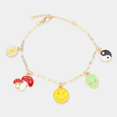 Fashnzfab Enamel Flower Mushroom Smile Alien Yin Yang Charm Station Bracelet Multi