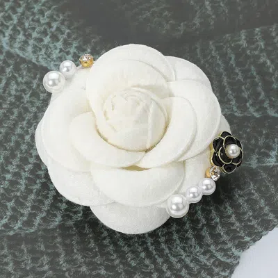 Fashnzfab Enamel Flower Pearl Embellished Fabric Flower Pin Brooch / Hair Clip In Silver
