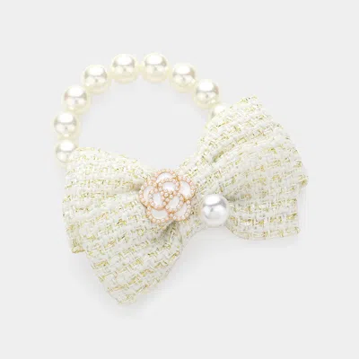 Fashnzfab Enamel Flower Pearl Pointed Tweed Bow Bracelet / Hairband Gold, Ivory In Multi