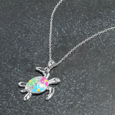 Fashnzfab Enamel Flower Turtle Pendant Necklace In Multi